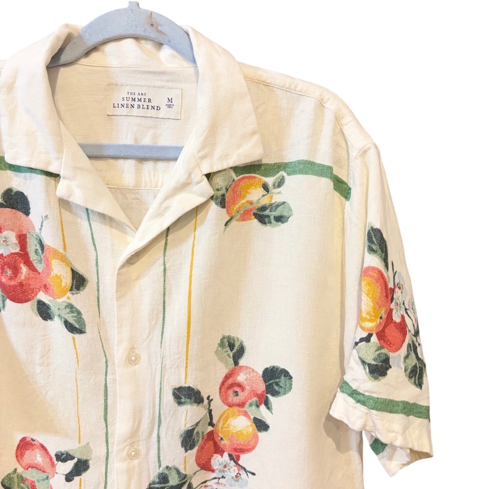 Abercrombie & Fitch Mens M Camp Collar Linen Blend Fruit Embroidered Shirt EUC